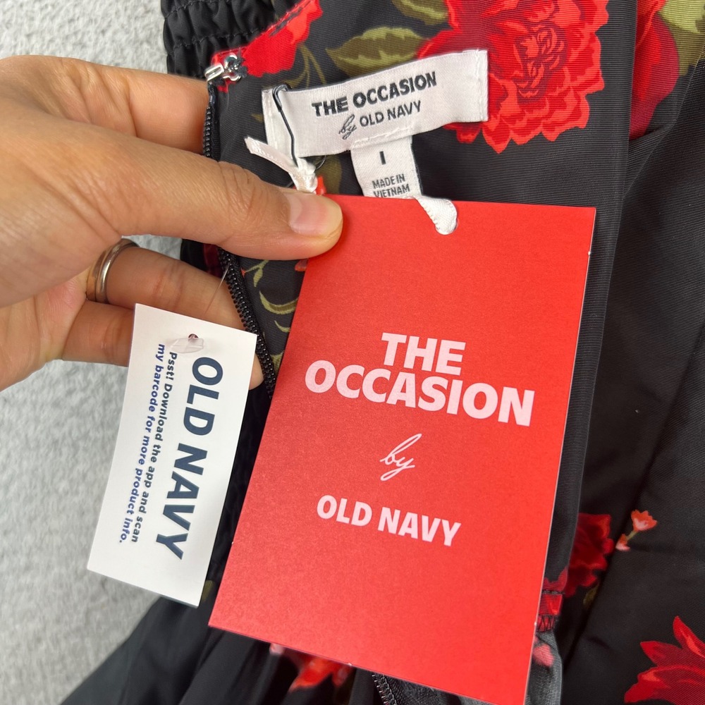 Old Navy The Occasion Floral Fit & Flare Dress Black Red Poppy Tie Shoulder L - Picture 10 of 13